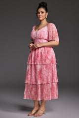 Curveins Plus Size V-Neck Ruffle Hem Tiered Maxi Dress