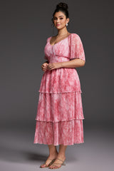 Curveins Plus Size V-Neck Ruffle Hem Tiered Maxi Dress