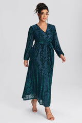 Curveins Plus Size Green Floral Velvet Wrap Maxi Dress