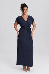 Curveins Plus Size Elastic Waist Shirred Black Maxi Dress
