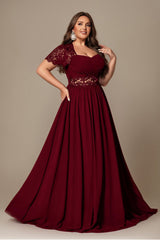 Curveins Plus Size Strapless Embroidered Short Sleeve Waist Cinch A-Line Maxi Dress