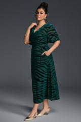 Curveins Plus Size V-Neck Batwing Sleeve Tiger Print Velvet Maxi Dress