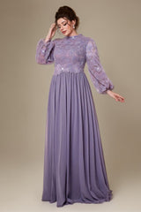 Curveins Plus Size High Neck Lantern Sleeve Embroidered Panel Maxi Dress