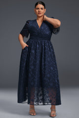 Curveins Plus Size V-Neck High-Waist Pleated Maxi Dress