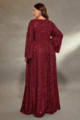 Curveins Plus Size Round Neck Long Sleeve Sequin Maxi Dress with Cinched Waist