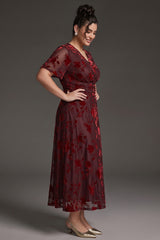 Curveins Plus Size Velvet Surplice Vintage Plain Maxi Dress