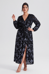 Curveins Plus Size V Neck Long Sleeve Maple Leaf Velvet Waist Tie Maxi Dress