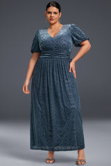 Curveins Plus Size V-Neck Velvet Plain Maxi Dress