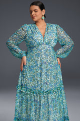 Curveins Plus Size Floral Print Lantern Sleeve Tiered Maxi Dress