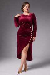 Curveins Plus Size Velvet Asymmetric One Shoulder Long Sleeve Ruched Slit Elegant Midi Dress