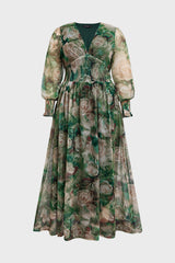 Curveins Plus Size V Neck Long Sleeve Floral Waist Maxi Dress