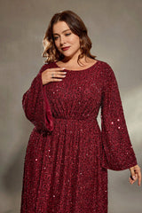 Curveins Plus Size Round Neck Long Sleeve Sequin Maxi Dress with Cinched Waist