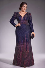 Curveins Plus Size V Neck Long Sleeve Sequin Cinched Waist Bodycon Maxi Dress