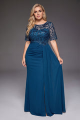 Curveins Plus Size Crew Neck Short Sleeve Sequin Panelled Side Ribbon Elegant Maxi Dress