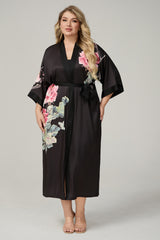 Curveins Plus Size Satin Floral Print 3/4 Sleeve Loose Pajama Set Sleepwear