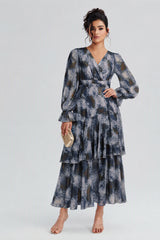 Curveins Plus Size V Neck Lantern Sleeve Cinched Waist Elegant Maxi Dress