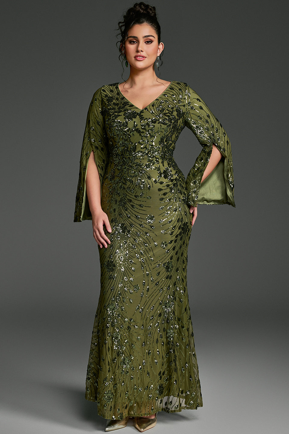 Curveins Plus Size V-Neck Long Sleeves Sequin Floral Bodycon Maxi Dress