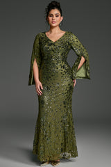 Curveins Plus Size V-Neck Long Sleeves Sequin Floral Bodycon Maxi Dress