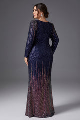 Curveins Plus Size V Neck Long Sleeve Sequin Cinched Waist Bodycon Maxi Dress