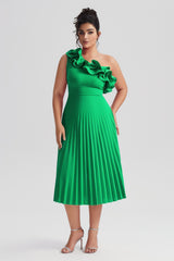 Curveins Plus Size Slimming Asymmetric One-Shoulder Ruffle Trim Pleated Dress