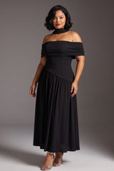Curveins Plus Size Scarf Neck Off Shoulder Cinched Waist Elegant Maxi Dress