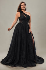 Curveins Plus Size One-Shoulder Waist-Defined Slit Back Cutout Maxi Dress