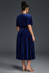 Curveins Plus Size Velvet V-Neck Ruched Hem Maxi Dress