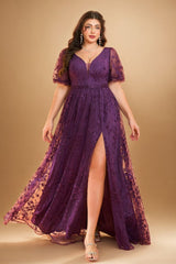 Curveins Plus Size Floral Embroidery V-Neck Puff Sleeve Side-Slit Maxi Dress