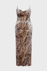 Curveins Plus Size Leopard Print Velvet Cami Slit Elegant Maxi Dress