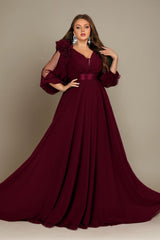 Curveins Plus Size Elegant V-Neck Batwing Sleeve Waist-Hugging Long Dress