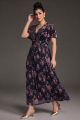 Curveins Plus Size Velvet Surplice Vintage Plain Maxi Dress