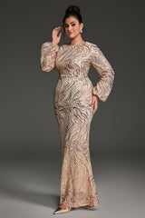 Curveins Plus Size Round Neck Puff Sleeve Striped Sequin Bodycon Maxi Dress