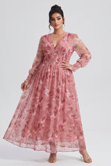 Curveins Plus Size V Neck Long Sleeve Floral Cinched Waist Maxi Dress
