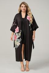 Curveins Plus Size Satin Floral Print 3/4 Sleeve Loose Pajama Set Sleepwear
