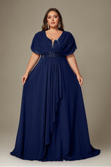Curveins Plus Size V-Neck Short Sleeve Asymmetrical A-Line Maxi Dress