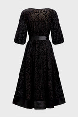 Curveins Plus Size Round Neck Floral Embroidery Belted Velvet Midi Dress
