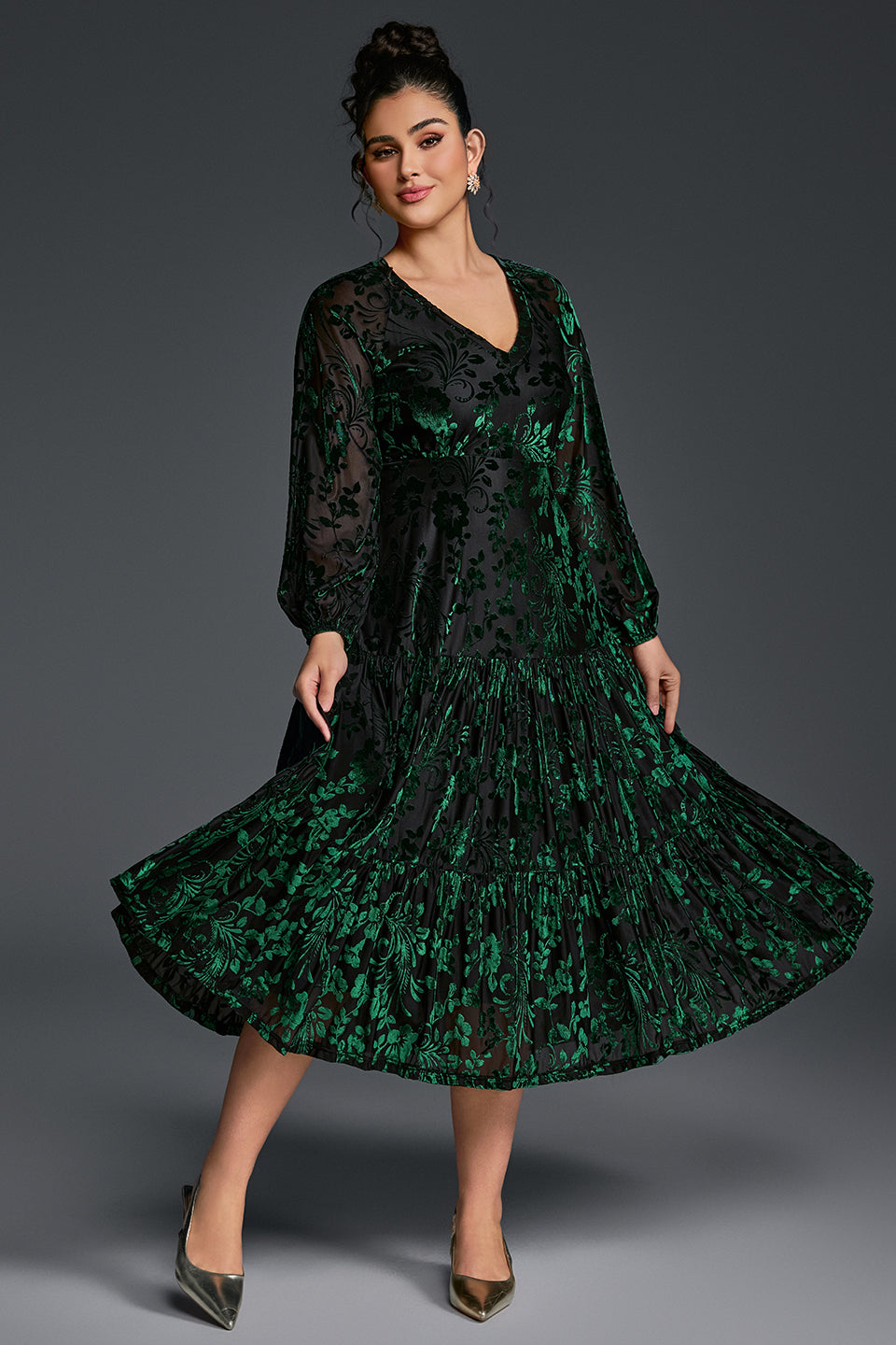 Curveins Plus Size V-Neck Flowy Bell Sleeves Pleated Velvet Midi Dress