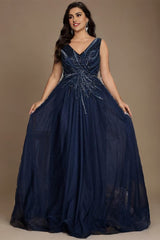 Curveins Elegant Plus Size V-Neck Sleeveless Glitter Pleated Evening Gown
