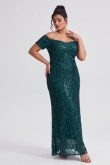 Curveins Plus Size Off Shoulder Striped Sequin Cinched Waist Evening Maxi Dress