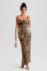 Curveins Plus Size Leopard Print Velvet Cami Slit Elegant Maxi Dress
