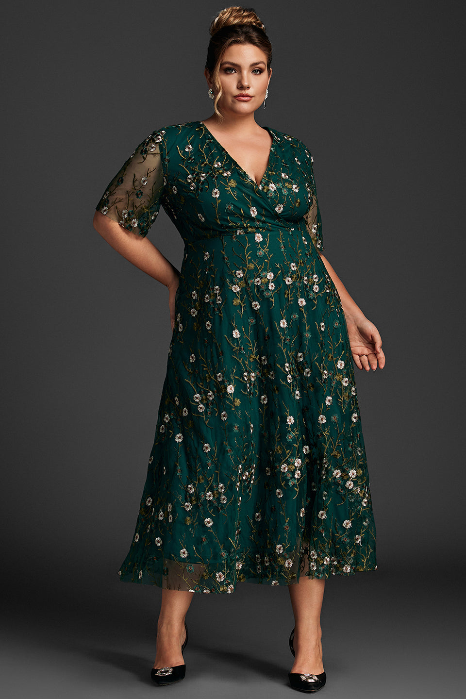 Curveins Plus Size V-Neck Ruffle Sleeve Embroidered Maxi Dress