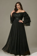 Curveins Plus Size Off Shoulder V Neck Long Sleeve Sequin Patchwork Maxi Dress