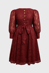 Curveins Plus Size Round Neck Lace Detail Puff Sleeve A-Line Midi Dress