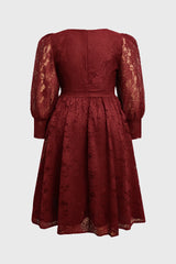 Curveins Plus Size Round Neck Lace Detail Puff Sleeve A-Line Midi Dress
