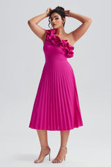 Curveins Plus Size Slimming Asymmetric One-Shoulder Ruffle Trim Pleated Dress