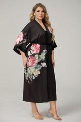 Curveins Plus Size Satin Floral Print 3/4 Sleeve Loose Pajama Set Sleepwear