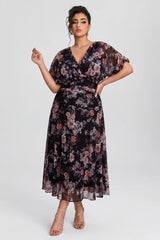 Curveins Plus Size V Neck Puff Sleeve Waist Defining Floral Print Elegant Maxi Dress