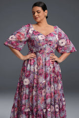 Curveins Plus Size V-Neck Flower Print Pleated Maxi Dress