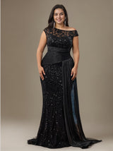 Curveins Plus Size One Shoulder Sleeveless Embroidered Sequin Patchwork Bodycon Maxi Dress