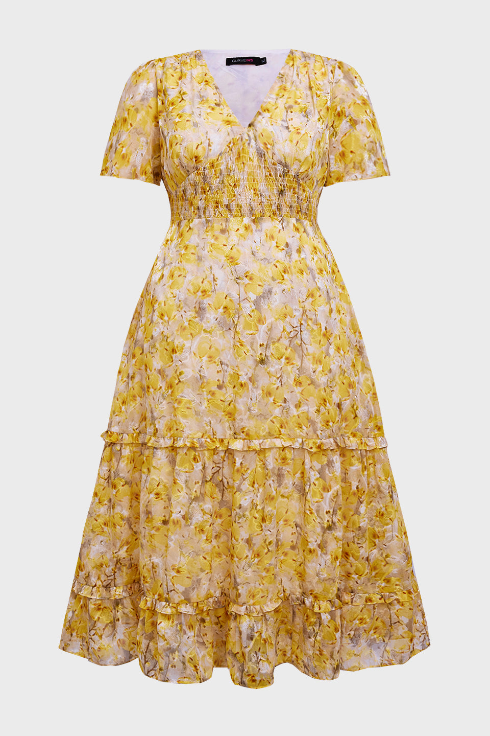 Curveins Plus Size V-Neck Floral Ruffle Sleeve Maxi Dress